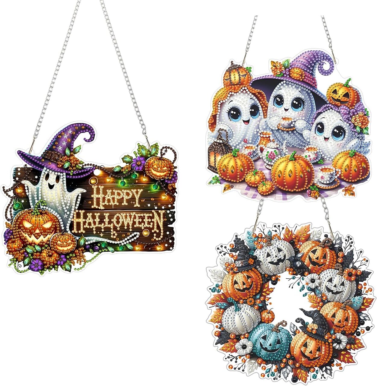 3 Pack Halloween Hanging Diamond Art Kit for Adults – 5D Double-Sided Acrylic Rhinestone DIY Window Pendant Craft Set, Special Shaped Diamond Painting Decor
